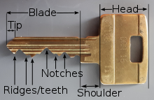 a key with its different components (ridges, notches, etc.) labeled