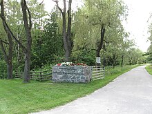 O'ng tarafdagi tor asfaltlangan yo'l uzoqlarga ko'zdan g'oyib bo'lmoqda. U daraxtlar bilan o'ralgan va old tomondan o'rilgan maysazor ochiq darvoza oldida, orqasida esa o'rmon o'rab turgan o'ng tomonga o'tin bilan o'ralgan panjara ko'rsatilgan.