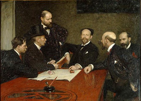 Konstnärsförbundets styrelse af Richard Bergh, 1903 Fra venstre siddende: Christian Eriksson, Eugène Jansson, Karl Nordström (præsident), Robert Thegerström og Richard Bergh – Stående: Nils Kreuger