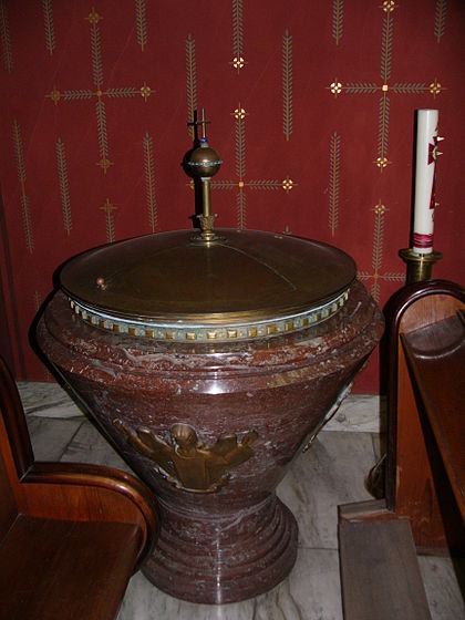 Baptismal font in Rouge de Rance in Sts. Cyril and Methodius's church in Olomouc. Kostel sv. Cyrila a Metodeje krtitelnice.jpg