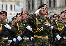 The parade contingent from the Panfilov Division during the 2010 Moscow Victory Day Parade on Red Square in 2010. Kyrgyz troops in the Moscow Parade.jpg