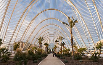 Vista panorâmica do interior do L'Umbracle, projetado pelo renomado arquiteto espanhol Santiago Calatrava, em Valência, Espanha. L'Umbracle é um passeio ajardinado e área de exposições com vista para todo o complexo da Cidade das Artes e das Ciências, que abriga um amplo estacionamento em seu interior. Apresenta vegetação típica da região mediterrânica, da Comunidade Valenciana e de países tropicais, que varia ao longo das estações do ano, e onde também se encontra uma interessante exposição de esculturas contemporâneas no Paseo del Arte, de acesso gratuito. Os visitantes podem também passear enquanto aprendem astronomia no interessante Jardim da Astronomia. (definição 5 500 × 3 490)