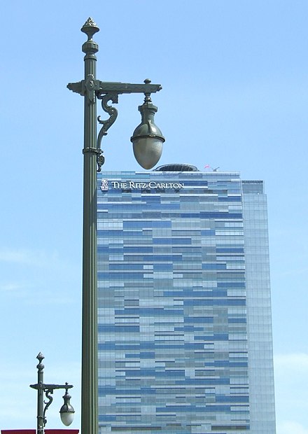 Ritz-Carlton Hotel, with distinctive street lamps in foreground, 2012