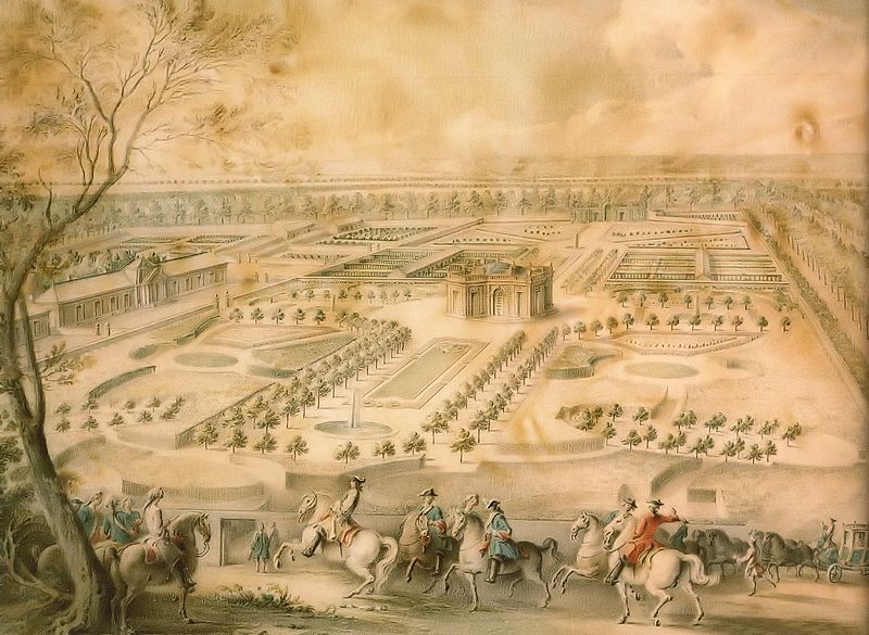 File:Louis XV en vue des jardins de Trianon, de la ménagerie domestique et des basses-cours, du Pavillon français et du portique de treillage - Jacques-André Portail - v.1750 - CRCV.jpg