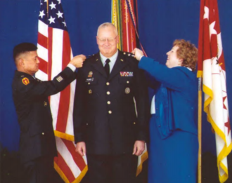 Major General Plewes becomes the first chief of the Army Reserve promoted to lieutenant general in that position. Army Chief of Staff General Eric K. Shinseki and Mrs. Liz Plewes pin the rank on at a Pentagon ceremony, June 13, 2001. Lt. Gen. Thomas J. Plewes promotion.png