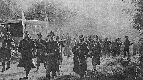 Belgian soldiers pictured during the retreat towards Antwerp in August 1914