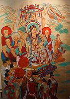 Manjusri Bodhisattva debates Vimalakirti. Scene from the Vimalakirti Nirdesa Sutra. Dunhuang, Mogao Caves, China, Tang Dynasty.