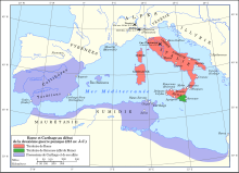 Carte de situation des deux puissances de la Méditerranée occidentale avant le début de la seconde guerre punique