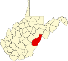 Location of Pocahontas County in West Virginia Map of West Virginia highlighting Pocahontas County.svg