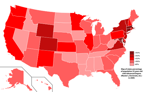 Map of states percentage of population with Advanced Degree in 2009