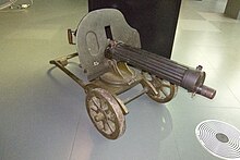 A curated maxim machine gun; similar to the one used in 1905 against Sotik residents; among other artillery employed. Maxim machine gun (7477745058).jpg