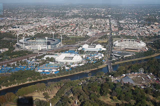 The Melbourne Sports and Entertainment Precinct with Melbourne Park being situated between Yarra Park and the MCG to the left and AAMI Park and Olympi