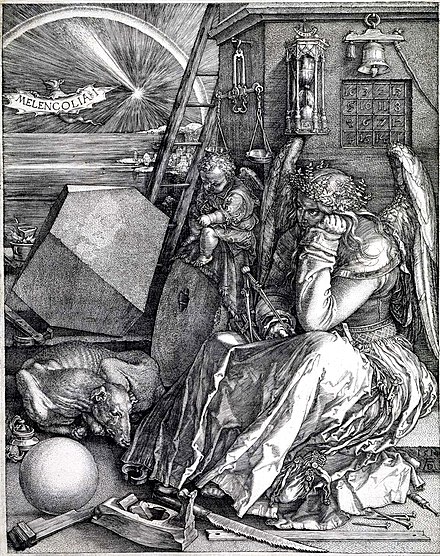 Albrecht Dürer – Melencolia I, the "ripest and most mysterious fruit of the cosmological culture of the age of Maximilian I", according to Aby Warburg.[553]
