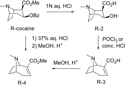 Methylecgonidine synthesis from cocaine Methylecgonidine synthesis 1.svg