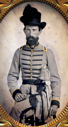 A Mississippi militia cavalry officer wearing the state uniform as approved by the military board at the time of secession, in January of 1861. Mississippi Militia Cavalry Officer.png