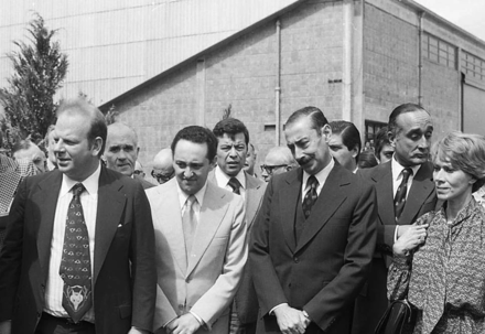 Bartolome Mitre (La Nación), Hector Magnetto (Clarin), Jorge Rafael Videla and Ernestina Herrera de Noble (Clarín) at Papel Prensa's plant inauguration, on September 27, 1978