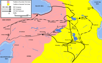 This map shows the approximate campaign paths of Heraclius in 624, 625, and 627—628