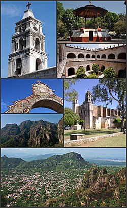 Yukarıdan aşağıya ve soldan sağa doğru: San Miguel de Arcangel Kilisesi, Belediye Köşkü, Eski Tepoztlán Manastırı, Tepoztlán Kilisesi Kemeri, Tepoztlán çevresindeki tepeler, Tapınak ve eski manastır, Tepoztlán'ın panoramik görünümü.