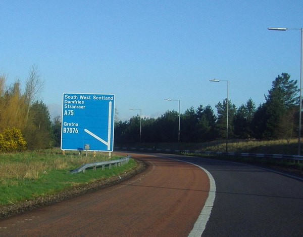 The A75 sign near Gretna, Scotland
