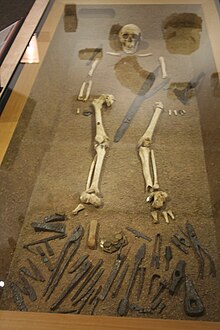 Vue d'un squelette dans une vitrine, avec des armes et également des éléments métalliques à ses pieds