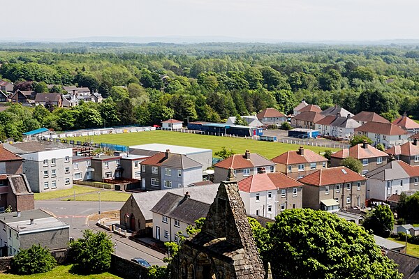 Aerial view over Kilwinning with Abbey Park (now abandoned) in the centre, 2018