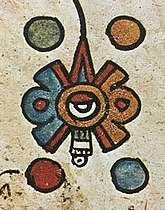 Nahui Ollin symbol with an eye (ixtli) in the center. A solar ray and a precious stone (chalchihuitl) emanata from the eye, Codex Borbonicus (1519-1521) Nahui Ollin Codex Borbonicus hieroglyph.jpg