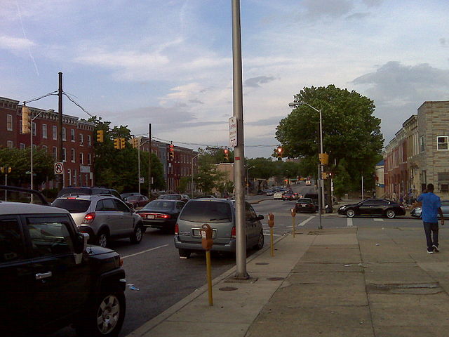 View of US 1 (North Avenue) in Baltimore, looking east at the intersection of Barclay Street