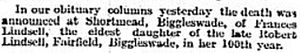 Obituary for Frances Lindsell in 1916. Obit notice Frances Lindsell 21 Sept 1916 in The Times.jpg