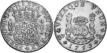 Moneda española de ocho reales, acuñada en 1759 en la ceca de México.