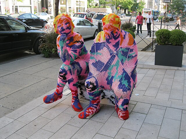 Example of yarn bombing in Montreal, 2009, by fiber artist Olek