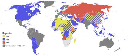 Countries boycotting the 1976 (yellow), 1980 (blue) and 1984 (red) Summer Olympics Olympic boycotts from 1976 - 1984.png
