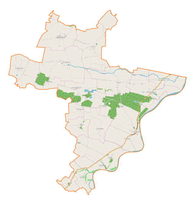 Mapa konturowa gminy Opatowiec, po prawej nieco na dole znajduje się punkt z opisem „Kościół św. Jakuba Apostoław Opatowcu”