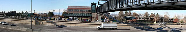 A panorama of the Orchard RTD station (located in Greenwood Village) as viewed from the east side of Interstate 25. The view includes part of the pede