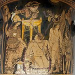 Orestes vid Delfi, på hans sidor finns Athena och Pylades bland Erinyer och oraklets prästinnor, från ca. 330 BC