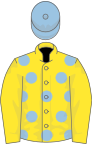 Yellow, light blue spots, yellow sleeves, light blue cap