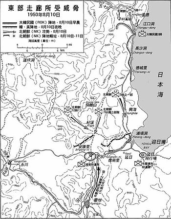 A map showing three large divisions of troops advancing through a line of opposing troops to the south