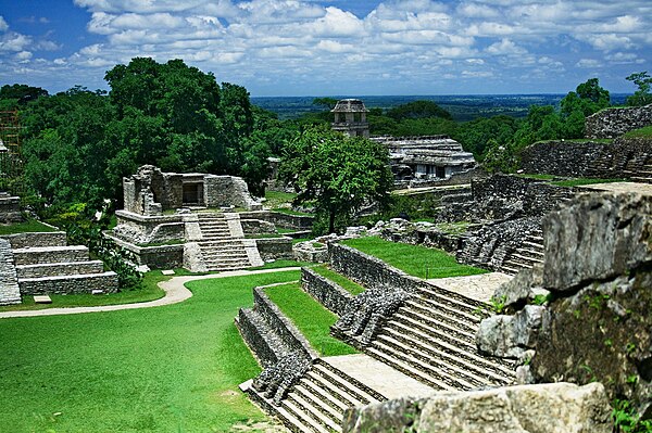 Overview of the central plaza of the Maya city of Palenque (Chiapas, Mexico), an example of Classic period Mesoamerican architecture