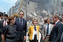 First ladies Paloma Cordero of Mexico (left) and Nancy Reagan of the United States (right) with U.S. Ambassador to Mexico, John Gavin observing the damage done by the earthquake. Paloma Cordero Nancy Reagan Mexico City 1985 earthquake.jpg