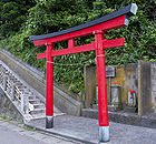El perfil pentagonal típico de un torii kasagi. Tenga en cuenta el "nemaki" negro
