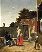 A Man Smoking and a Woman Drinking in a Courtyard label QS:Len,"A Man Smoking and a Woman Drinking in a Courtyard" label QS:Lnl,"Een binnenplaats met een rokende man en een drinkende vrouw" . Circa 1658-1660. oil on canvas medium QS:P186,Q296955;P186,Q12321255,P518,Q861259 . 78 × 65 cm (30.7 × 25.5 in). The Hague, Mauritshuis.