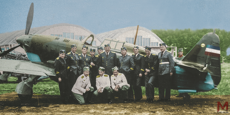 File:Pilots from 51st air group of the Sixth fighter regiment next to Yugoslav IK-3 fighter plane.png