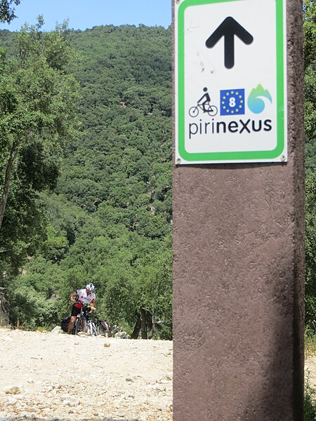 File:Placa de la ruta cicloturista Pirinexus, parte del EuroVelo 8.jpg