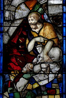 Part of stained glass in the Chapelle Notre-Dame de Kergoat.A depiction of John the Baptist