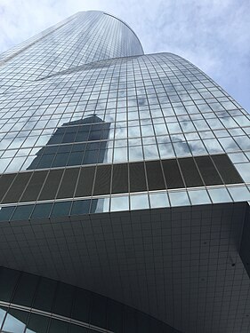 Reflected sky and clouds on Torre Espacio, Madrid, Spain