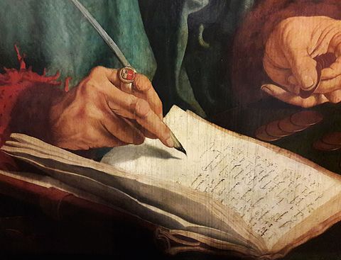 Motyw pisania – fragment obrazu Marinusa van Reymerswaelego Poborcy podatków, pierwsza połowa XVI wieku