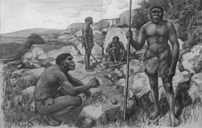 1922 restoration of a tribe of "H. rhodesiensis" by Amedee Forestier Rhodesian Men.jpg