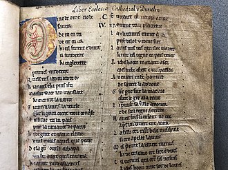 The opening of the Roman de Brut in Durham Cathedral MS C. iv. 27. This is the earliest manuscript of the poem, and dates from the late 12th century. Roman de Brut.jpg