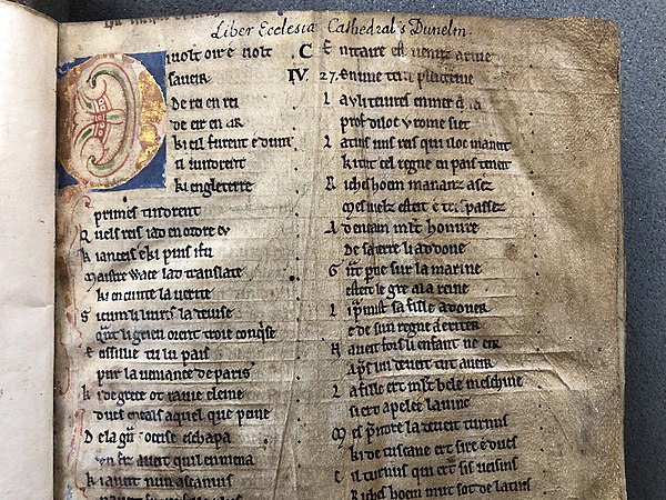 The opening of the Roman de Brut in Durham Cathedral MS C. iv. 27. This is the earliest manuscript of the poem, and dates from the late 12th century.