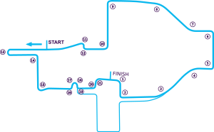 Original layout of the Circuito Cittadino dell'EUR, which was used for the Rome ePrix in the 2017-18 and 2018-19 seasons. Rome Layout 2018.svg