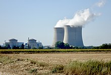 The Saint-Laurent site, showing two CP2, 900 MWe class reactors and the cooling tower on the right Saint-laurent-nouan.JPG